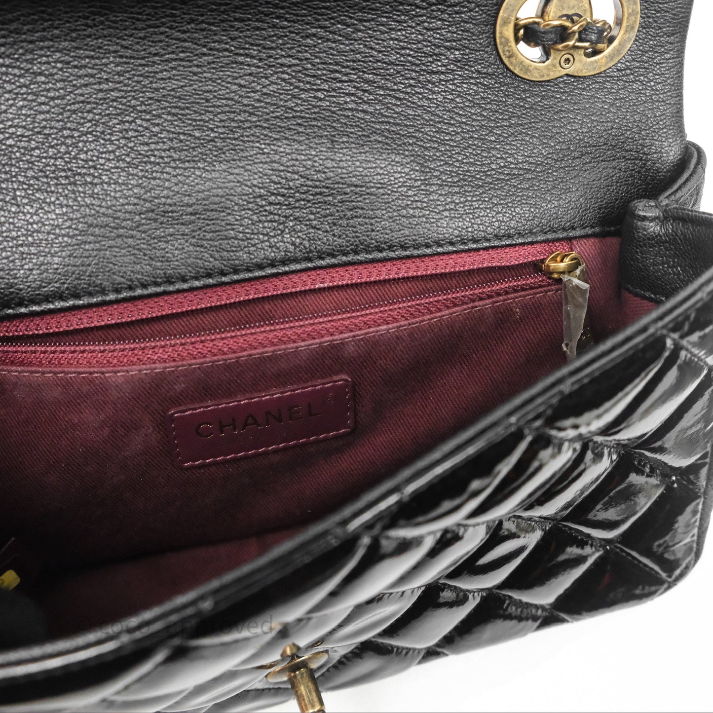Chanel Quilted Medium Eyelet Flap Bag Black Patent Aged Gold Hardware