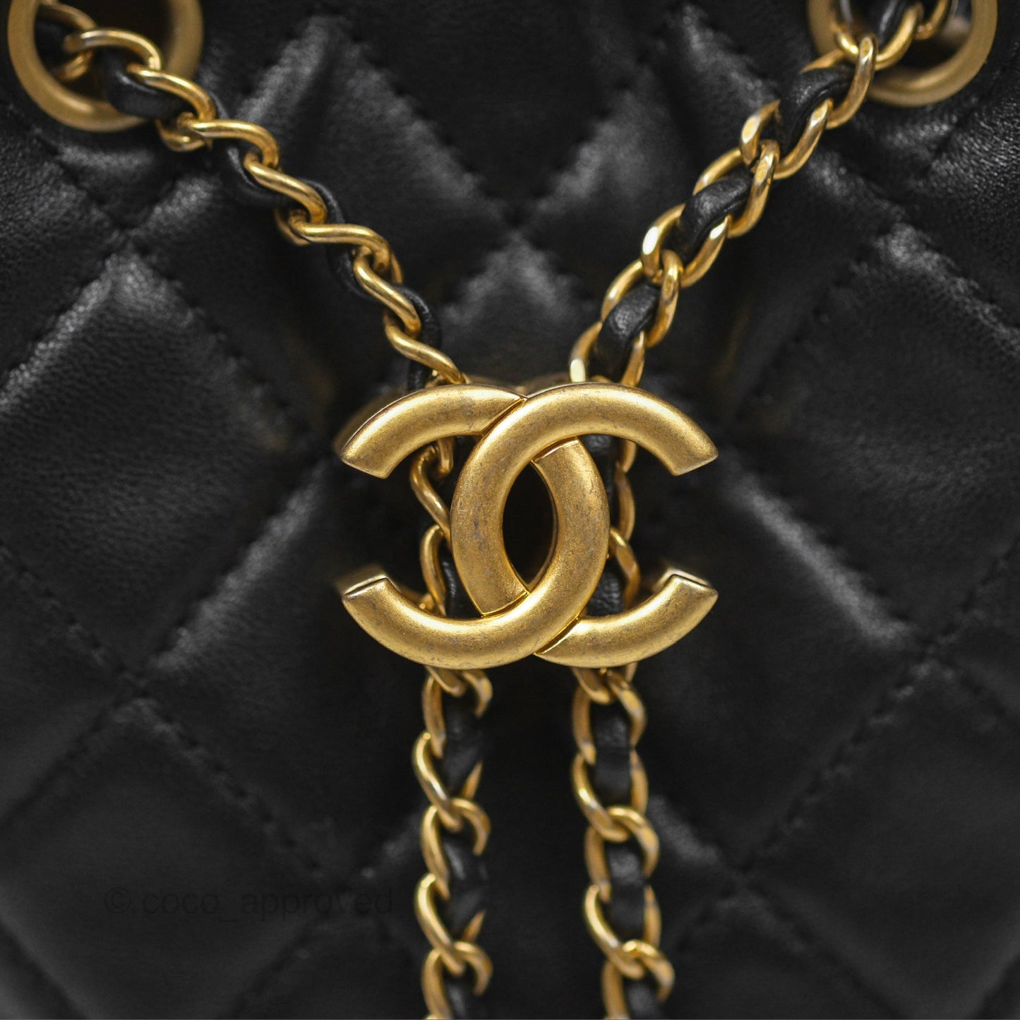 Chanel Pearl Crush Bucket Bag Black Lambskin Aged Gold Hardware 22S