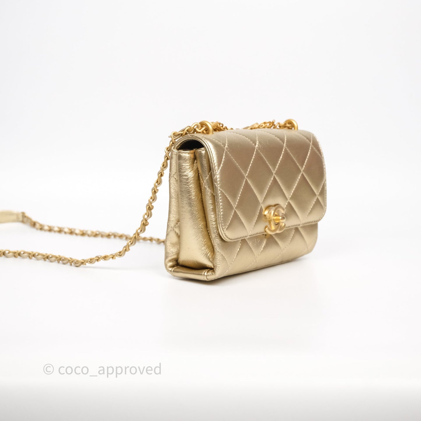 Chanel Mini Crystal Logo Handle Flap Bag Metallic Gold Lambskin 22S