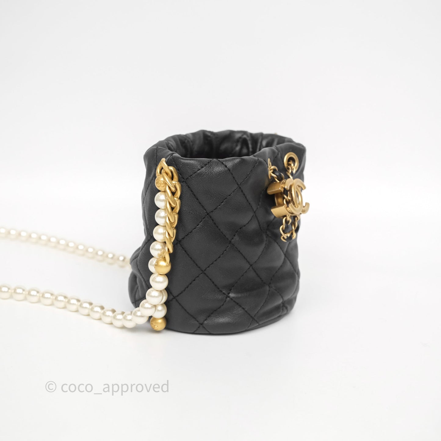 Chanel Quilted Pearl Mini About Pearls Drawstring Bucket Bag Black Calfskin