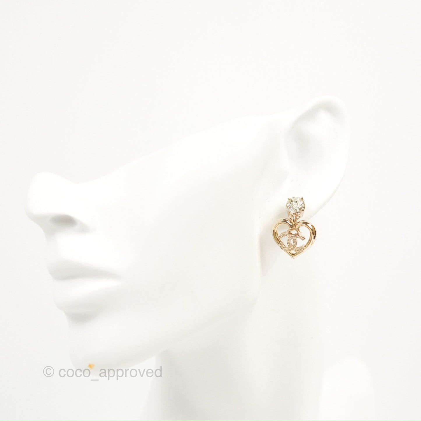 Chanel Crystal CC Heart Drop Earrings Gold Tone 23C