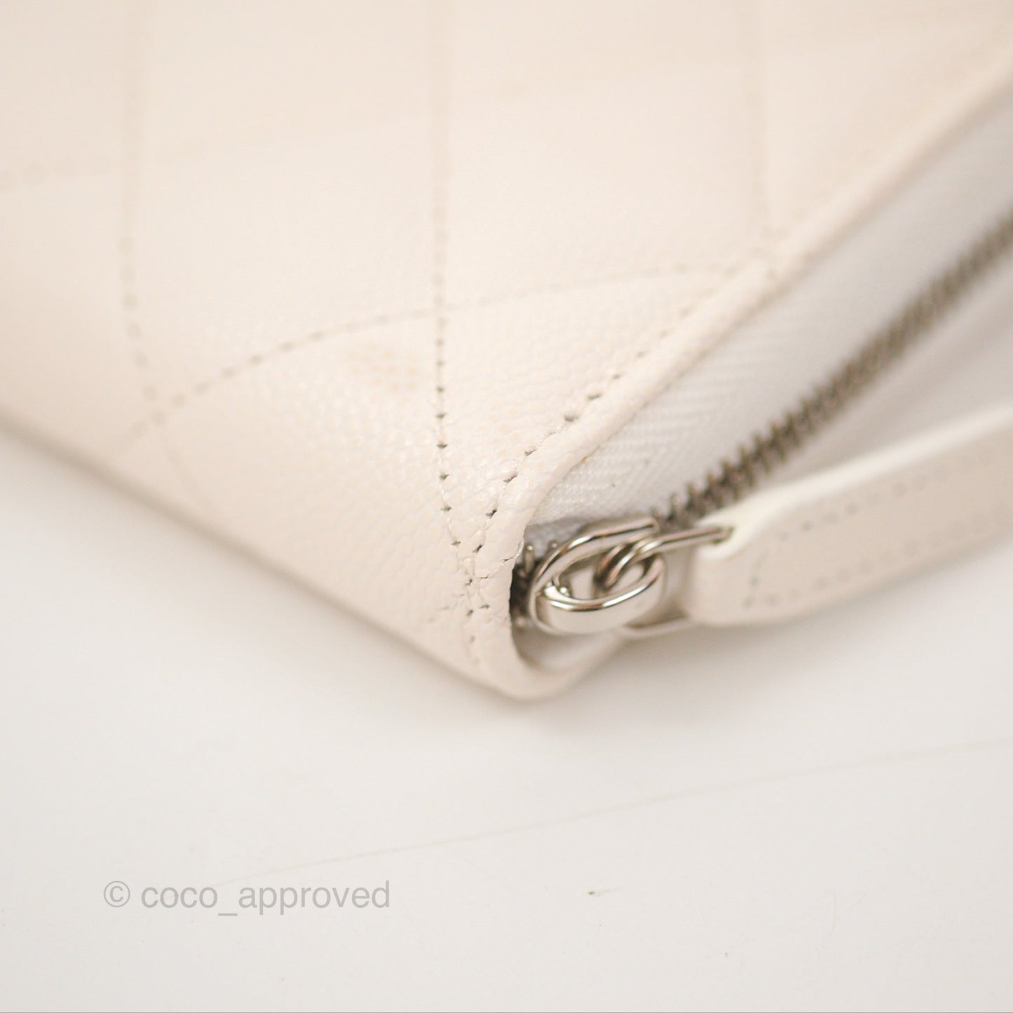 Chanel Quilted Zip Long Wallet White Caviar Silver Hardware