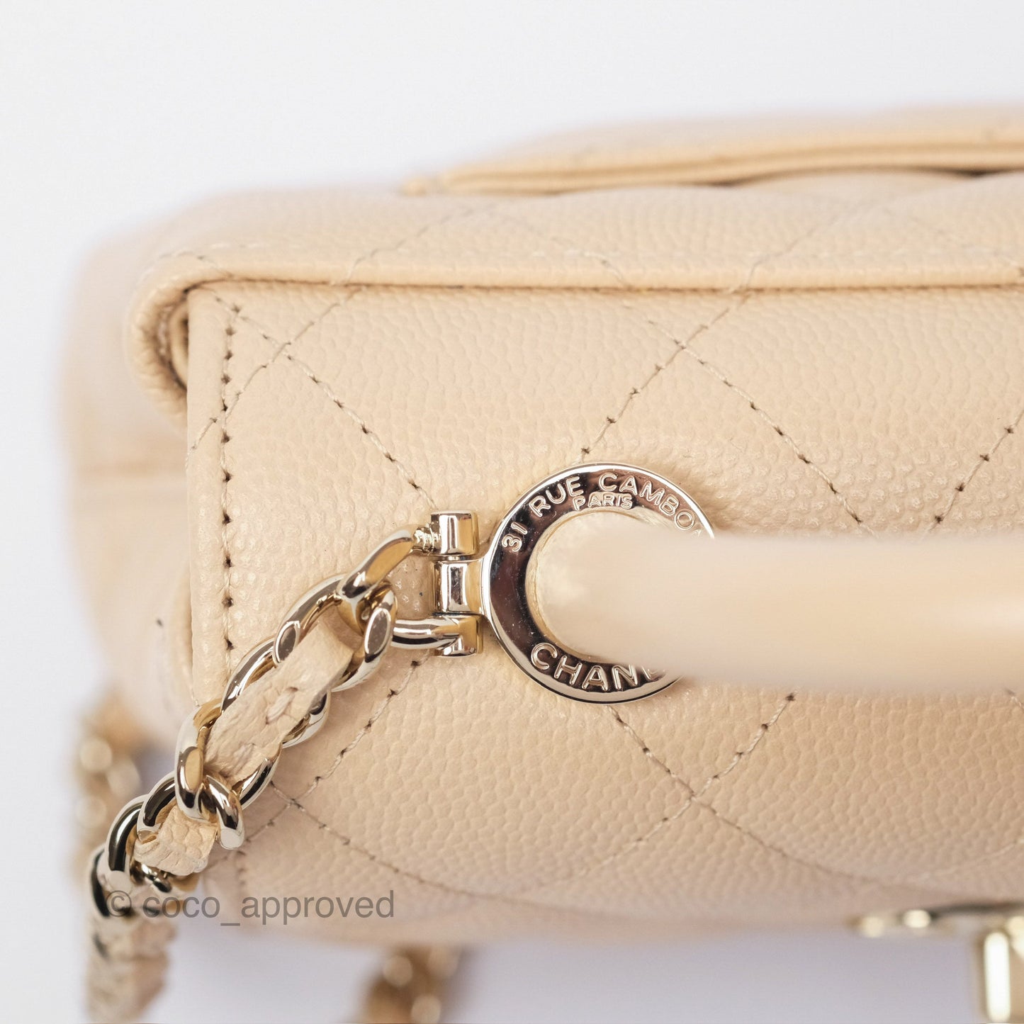 Chanel Coco Handle Clutch with Chain Quilted Beige Caviar Gold Hardware