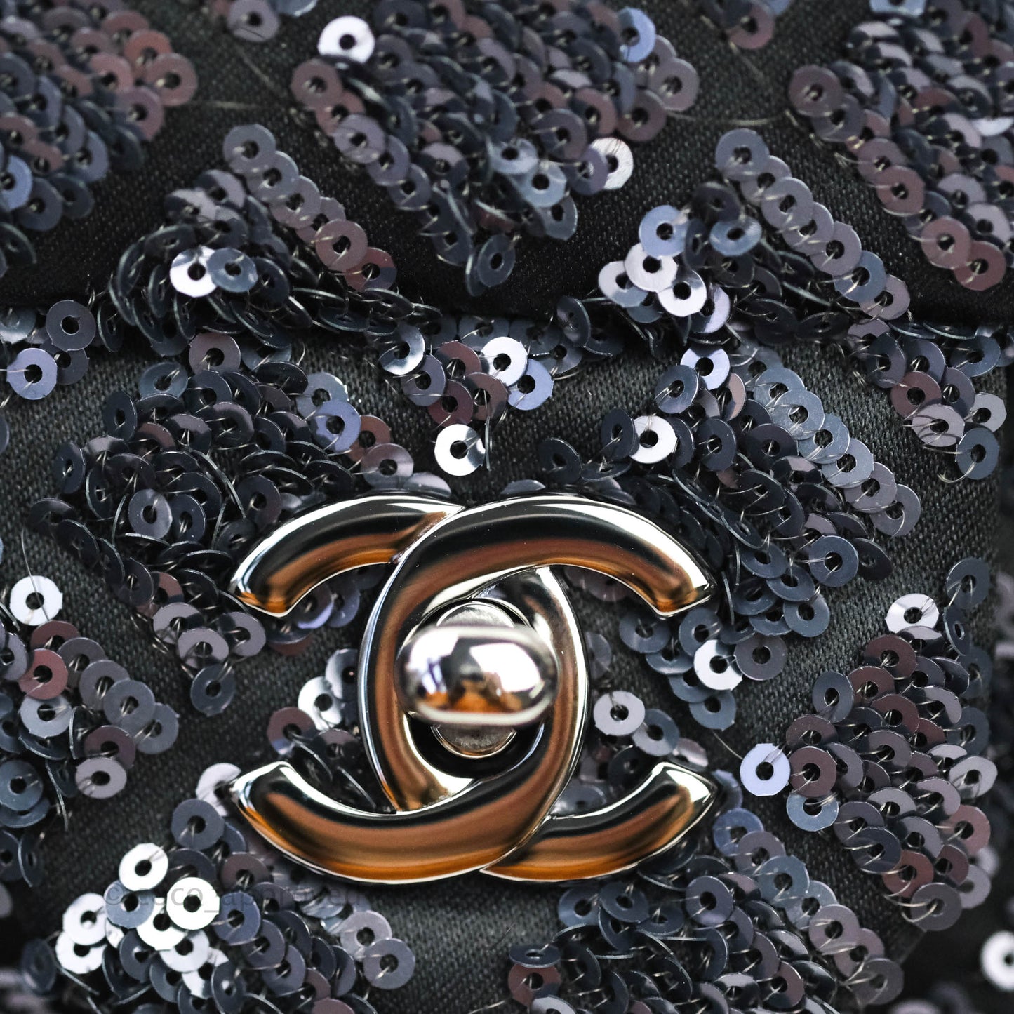 Chanel Quilted Medium Satin Sequin Single Flap Navy Black Gun Metal