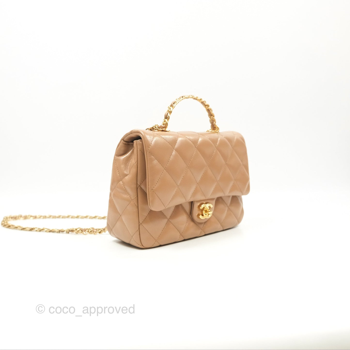 Chanel Top Handle Flap Bag Beige Shiny Lambskin Gold Hardware 23A
