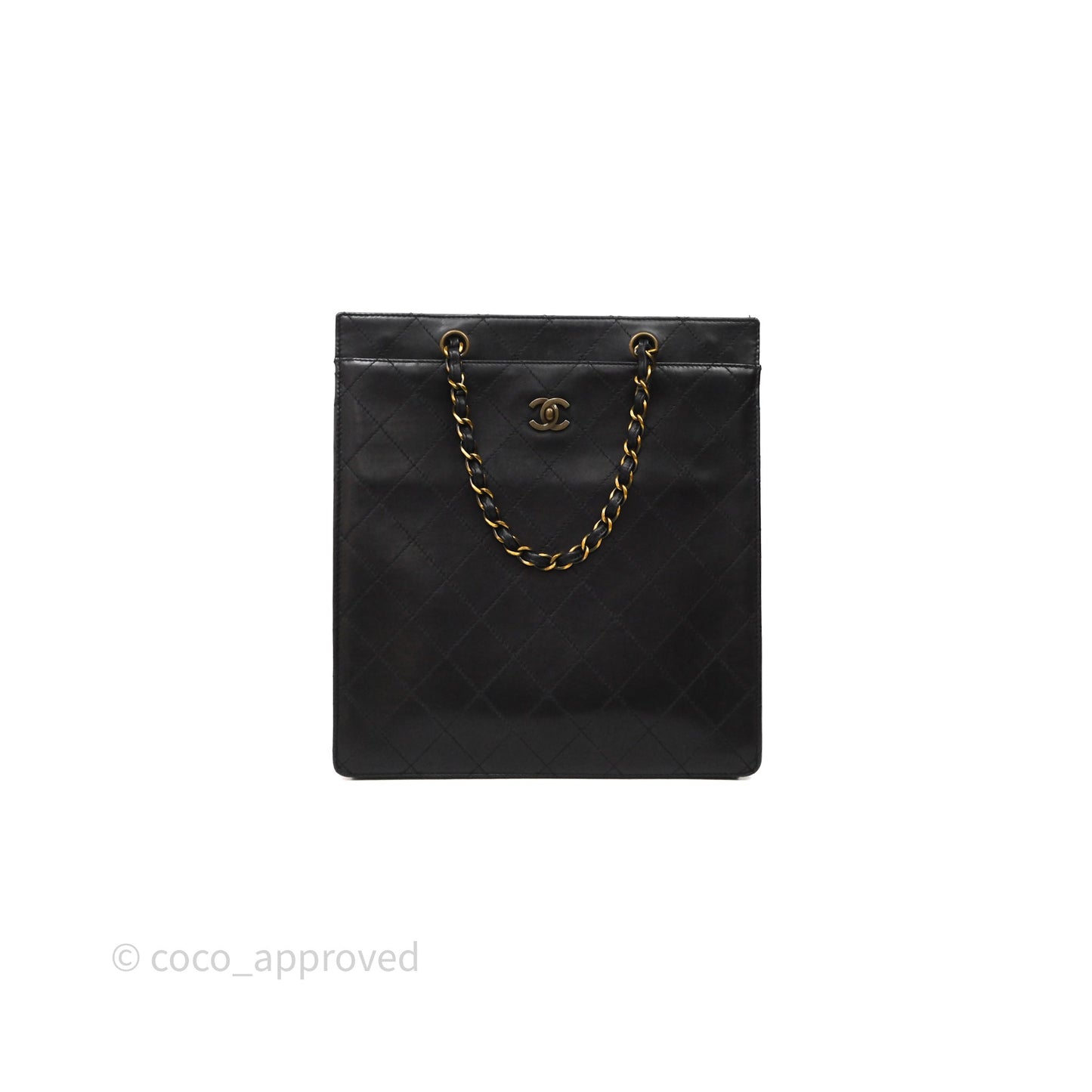 Chanel Vintage Tote Bag Quilted Black Lambskin Antique Gold Hardware