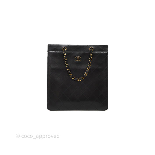Chanel Vintage Tote Bag Quilted Black Lambskin Antique Gold Hardware