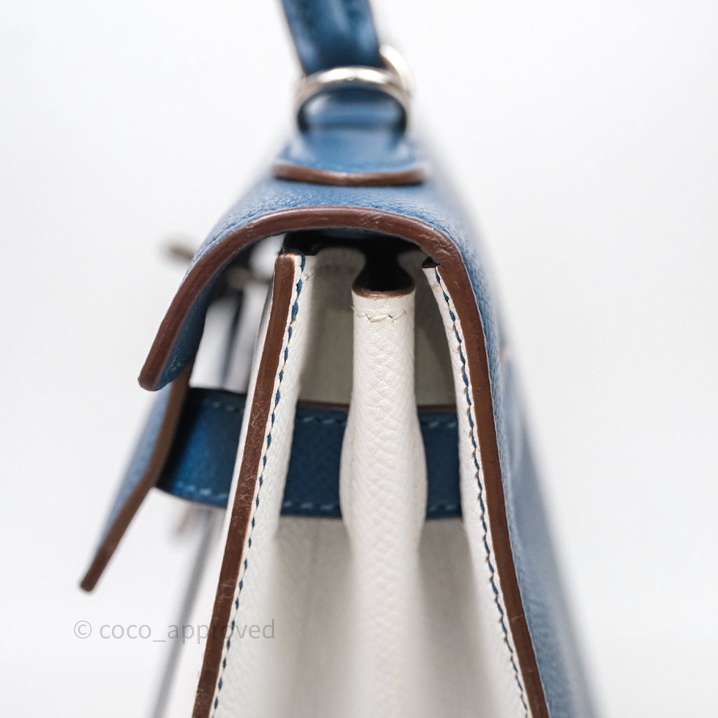 Hermès Kelly 32 Sellier Bleu Thalassa 7A/ White Epsom Palladium Hardware