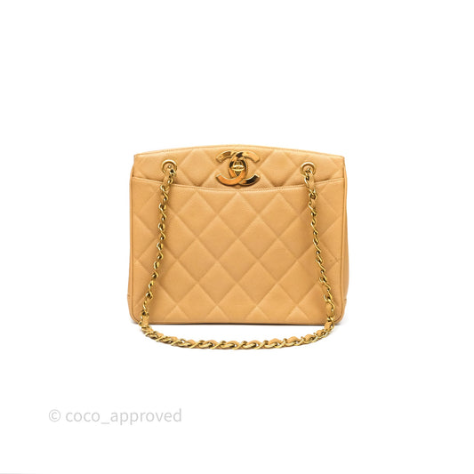 Chanel Vintage CC Quilted Tote Dark Beige Caviar 24K Gold Hardware