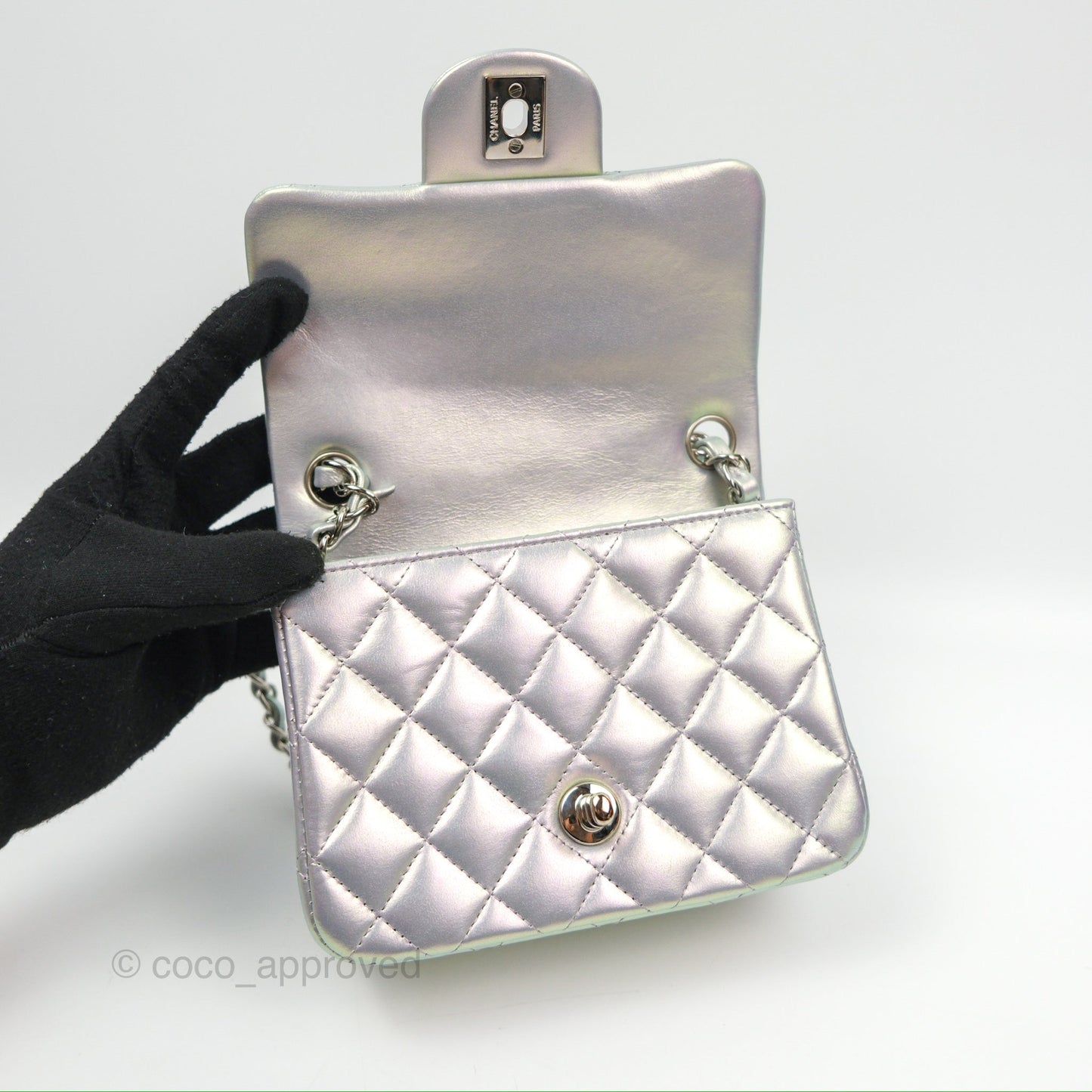Chanel Mini Square Quilted Iridescent Lilac Silver Hardware 21K
