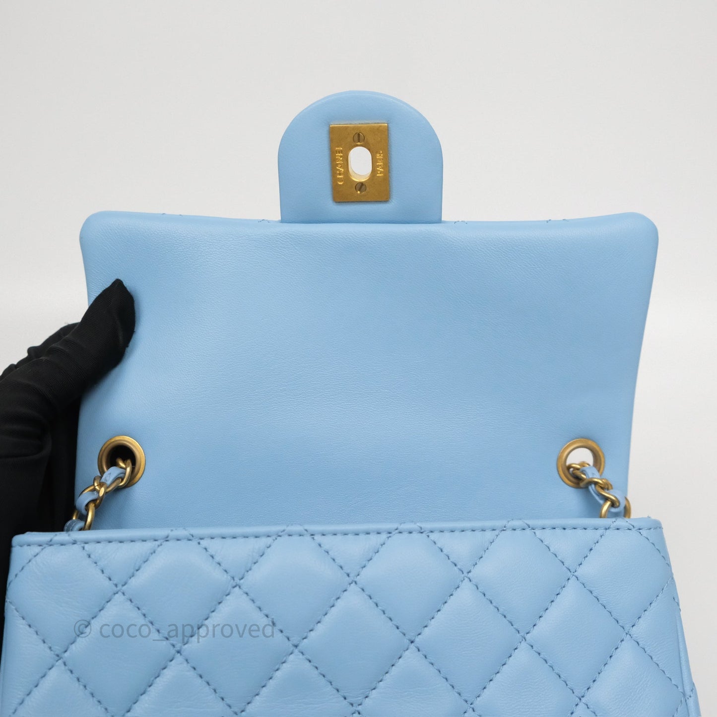 Chanel Mini Rectangular Pearl Crush Quilted Sky Blue Lambskin Aged Gold Hardware
