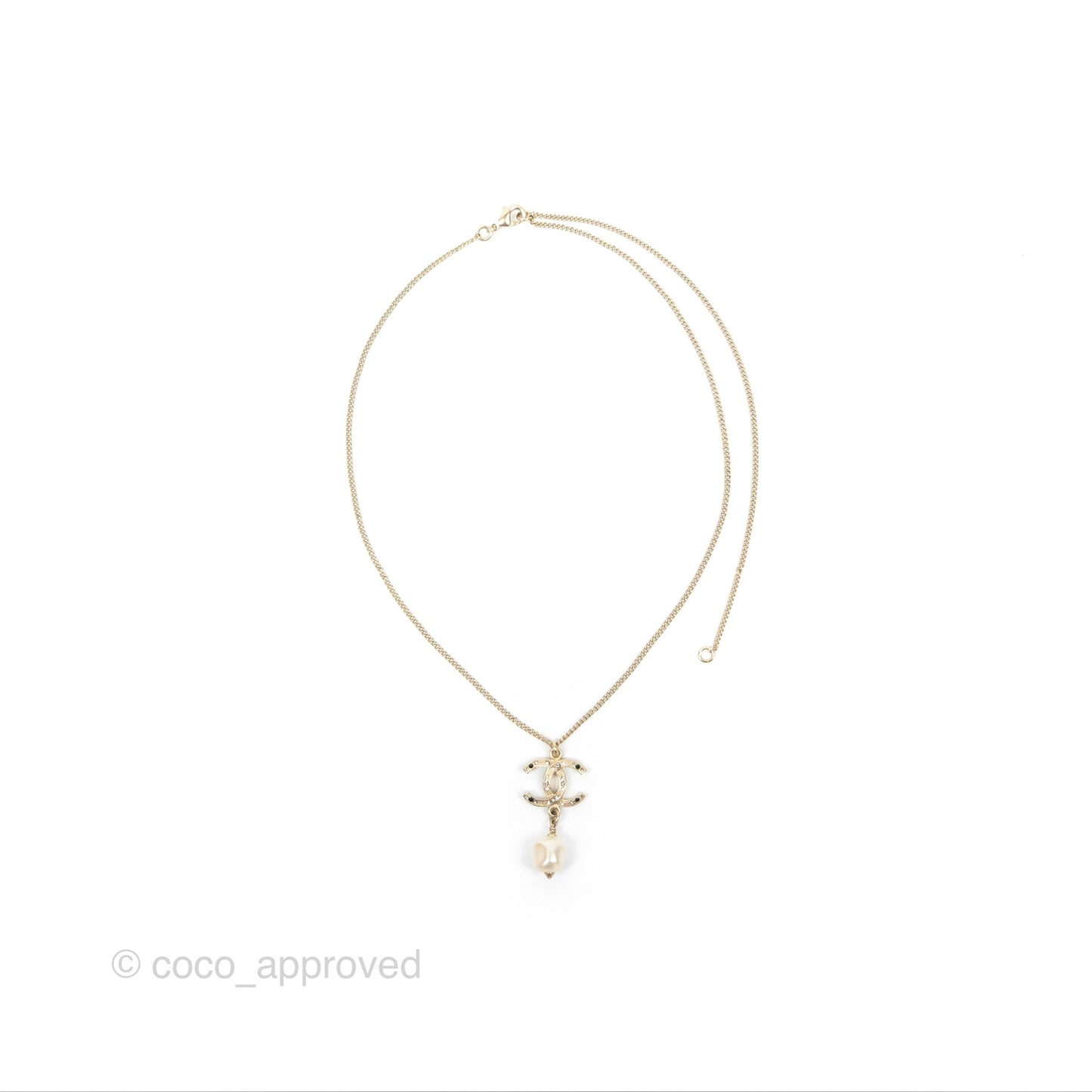 Chanel Crystal CC Pearl Drop Necklace Gold Tone 12A