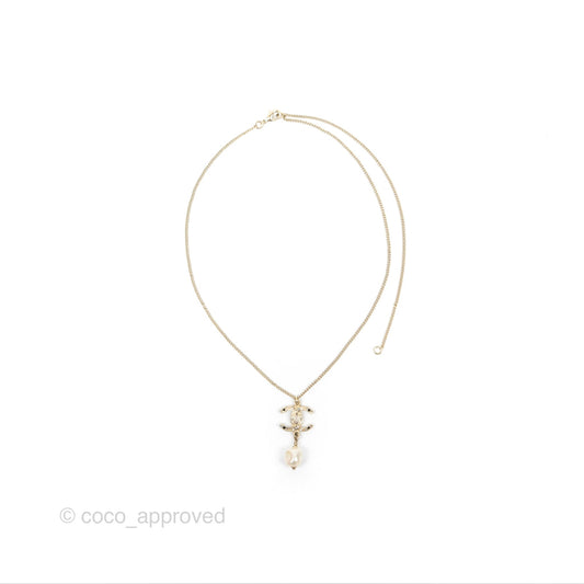 Chanel Crystal CC Pearl Drop Necklace Gold Tone 12A