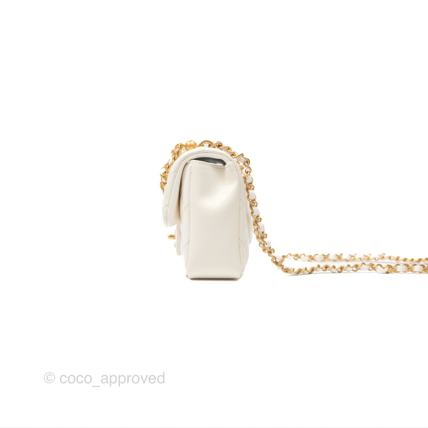 Chanel Pearl Chain Mini Flap Bag White Lambskin Aged Gold Hardware 24P