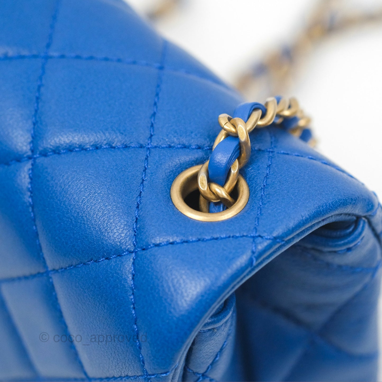 Chanel Pearl Crush Mini Square Quilted Blue Lambskin Aged Gold Hardware