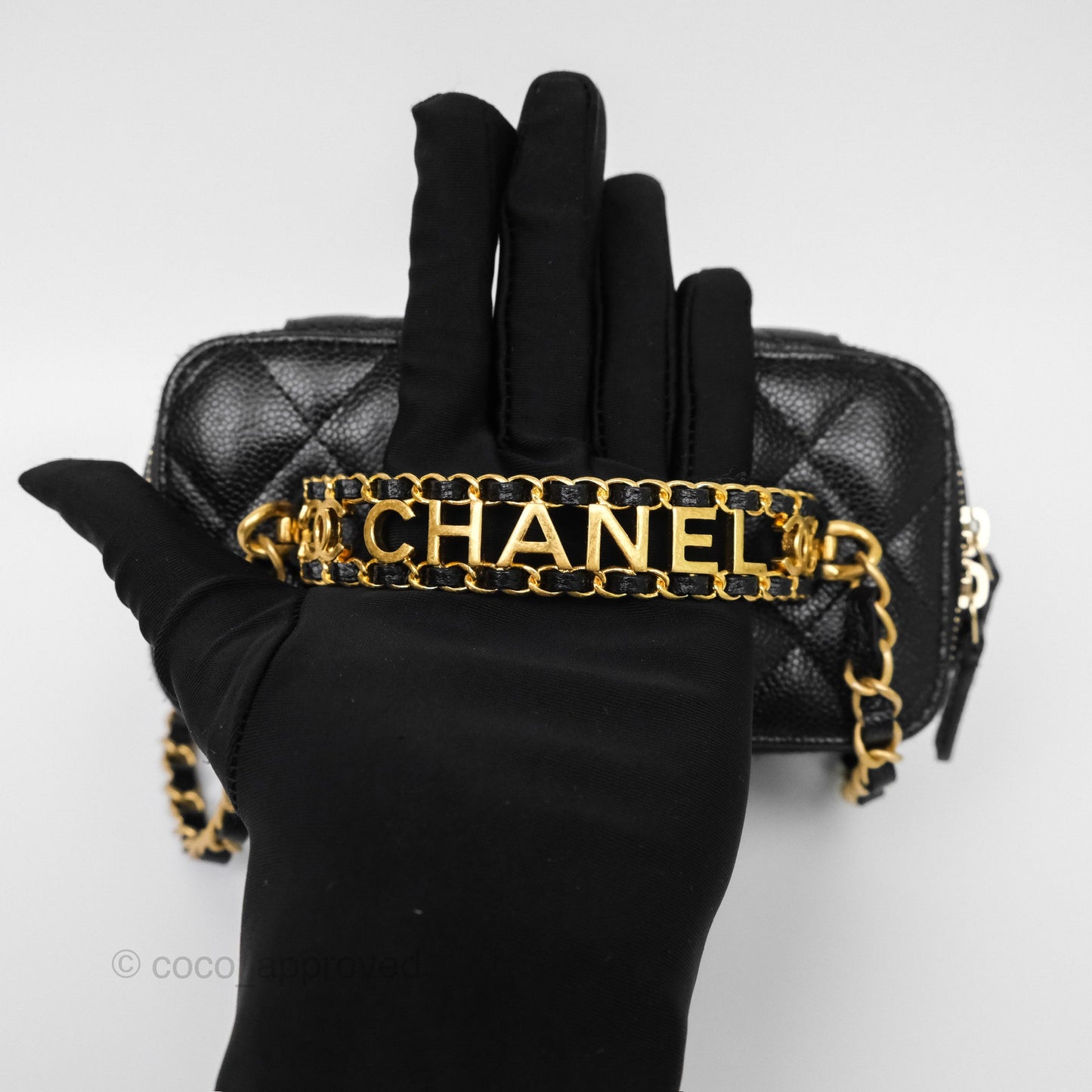 Chanel Logo Top Handle Vanity Rectangular Black Caviar Aged Gold Hardware