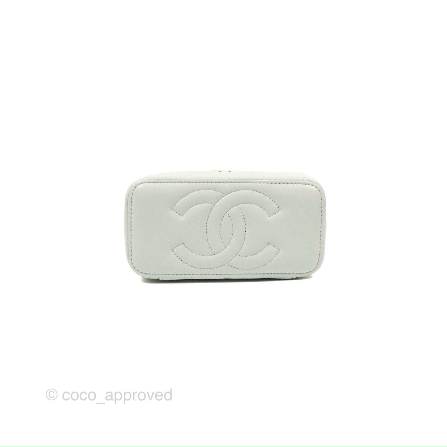 Chanel Quilted Vanity Rectangular with Camellia Adjustable Chain Light Blue Lambskin 23S