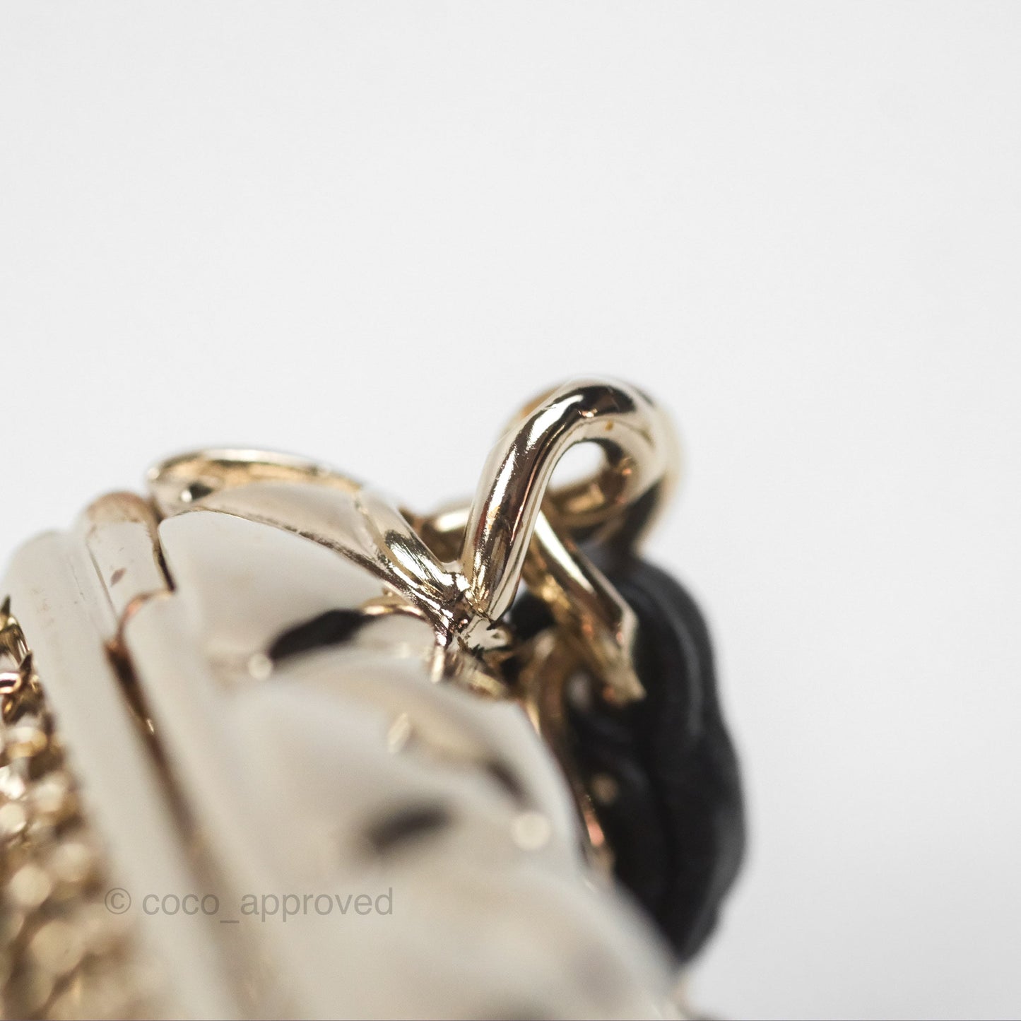 Chanel Flap Bag Charm Black Leather Chain Necklace Gold Tone 21S