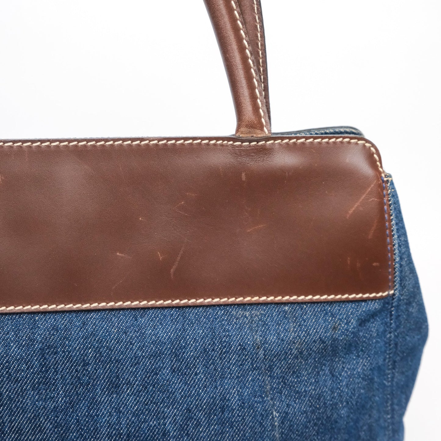 Chanel Vintage CC Tote Bag Denim Brown Leather