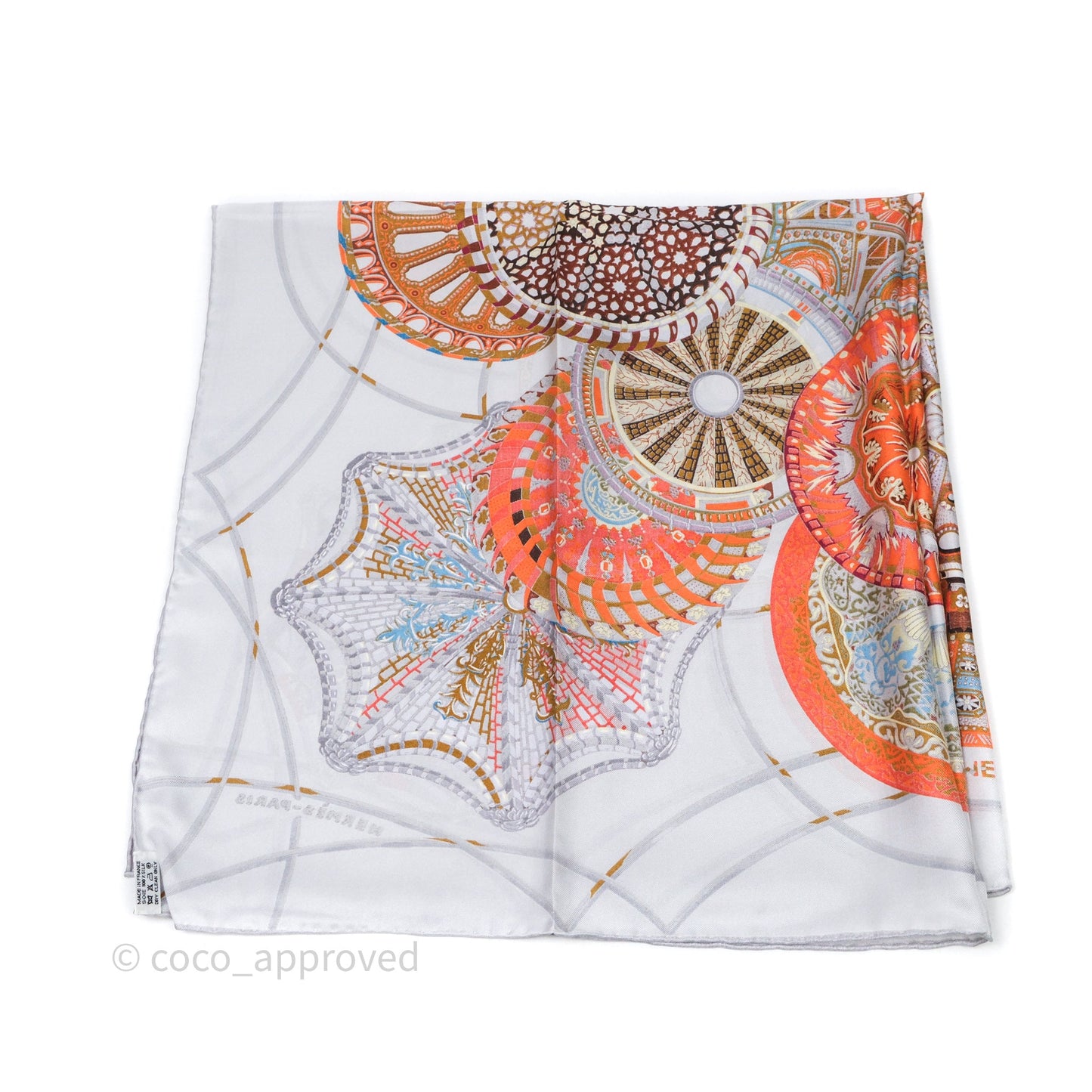 Hermes Les Domes Celestes Scarf 90 Gris Perles Orange Brun Silk Scarf