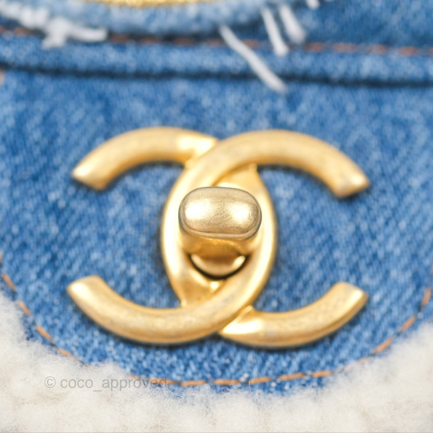 Chanel Medium Denim Shearling Hieroglyph Flap Bag Aged Gold Hardware