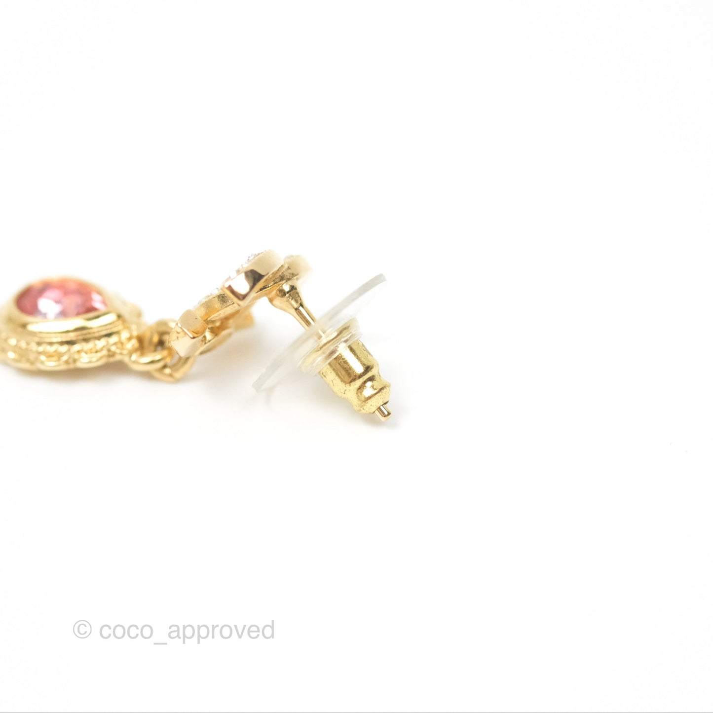 Chanel CC Crystal Pink Tear Resin Drop Earrings Gold Tone 22K
