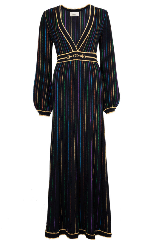 Luxury Gucci Trending 2025 2020 Striped Horsebit Knit Maxi Dress Black