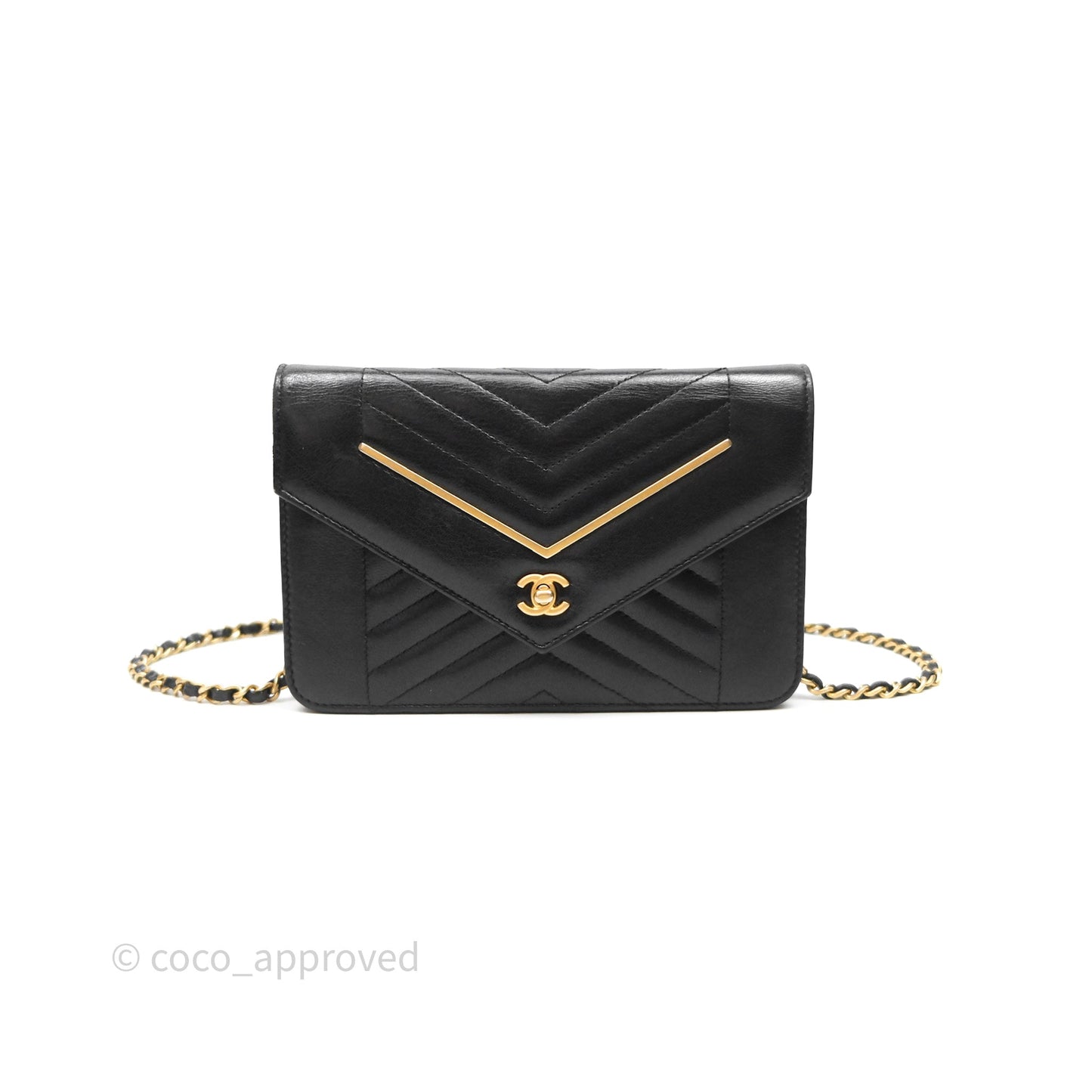 Chanel Reversed Chevron Wallet On Chain WOC Black Lambskin Aged Gold Hardware