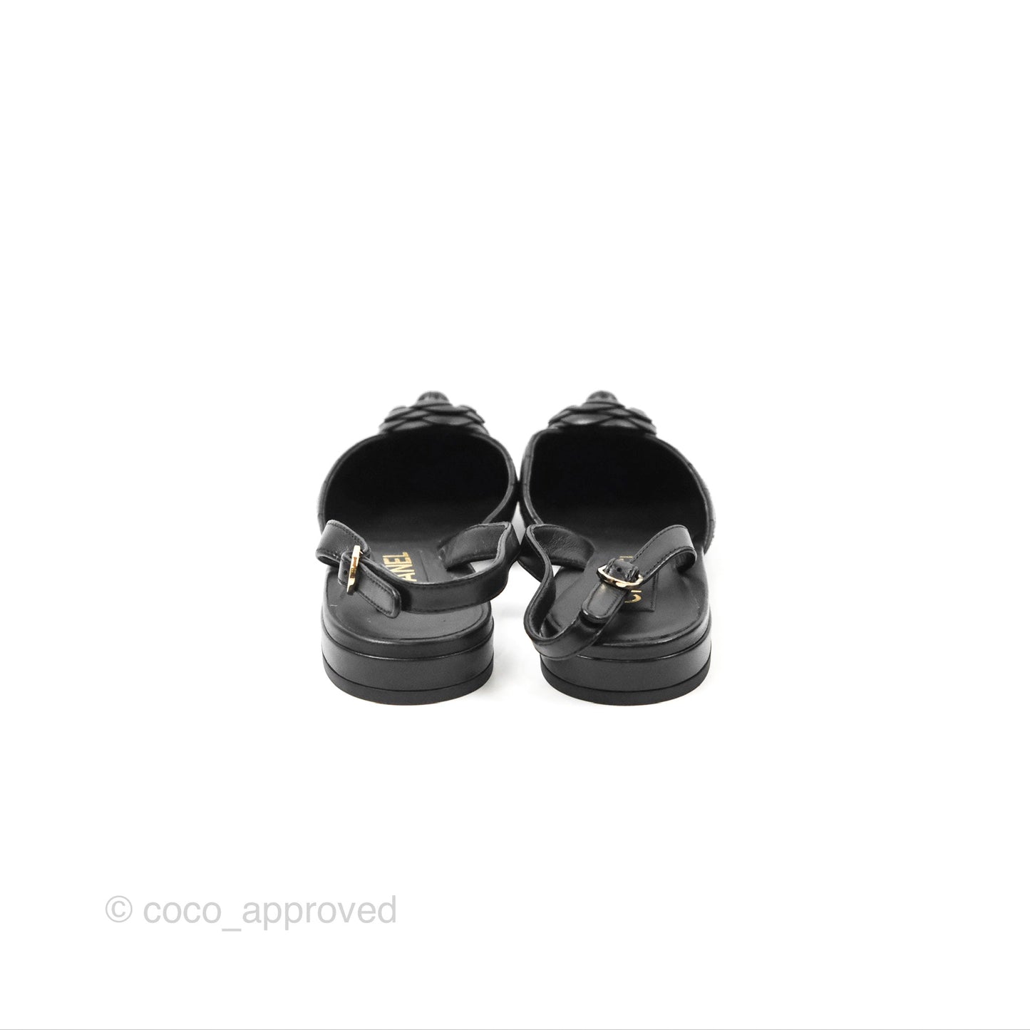 Chanel Camellia Slingback Flat Sandals Pointed Black Size 39