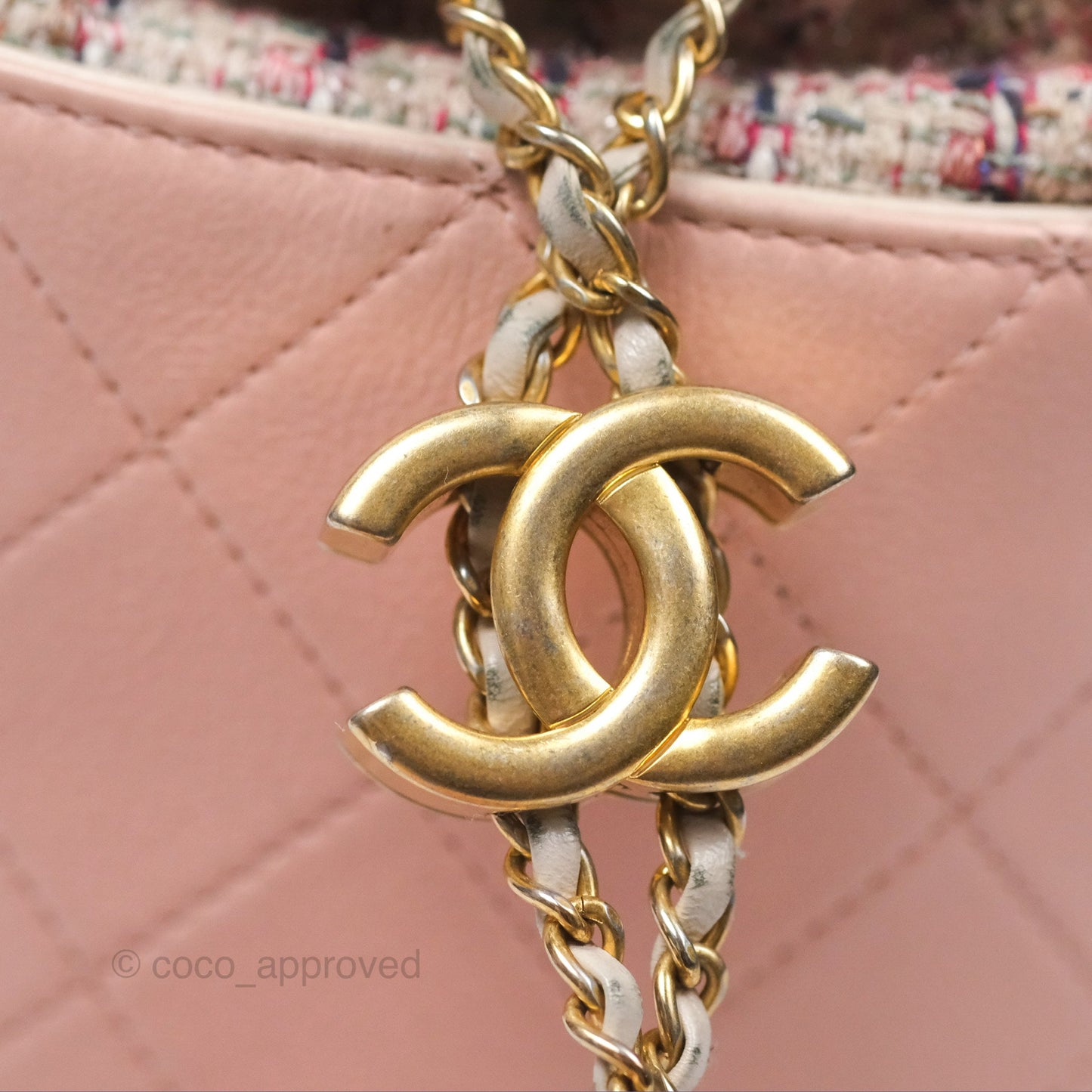 Chanel Quilted Top Handle Drawstring Bucket Bag Calfskin Tweed Pink Aged Gold Hardware