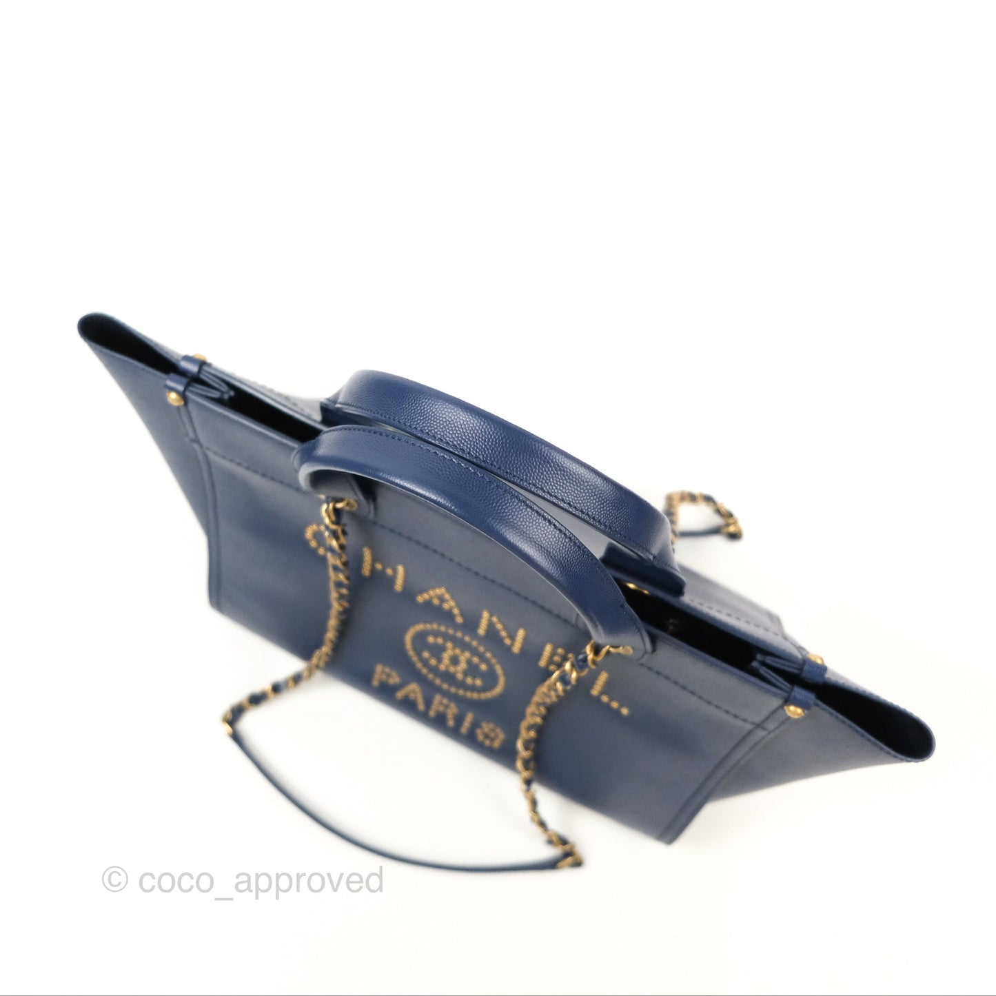 Chanel Small Studded Deauville Tote Navy Caviar Aged Gold Hardware
