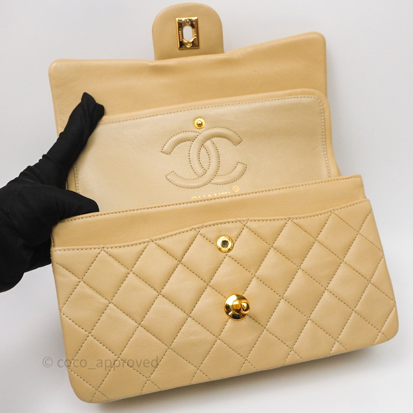 Chanel Vintage Small Classic Flap Beige Lambskin 24K Gold Hardware