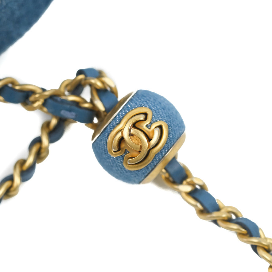 Chanel Quilted Pearl Crush Round Clutch With Chain Denim Aged Gold Hardware