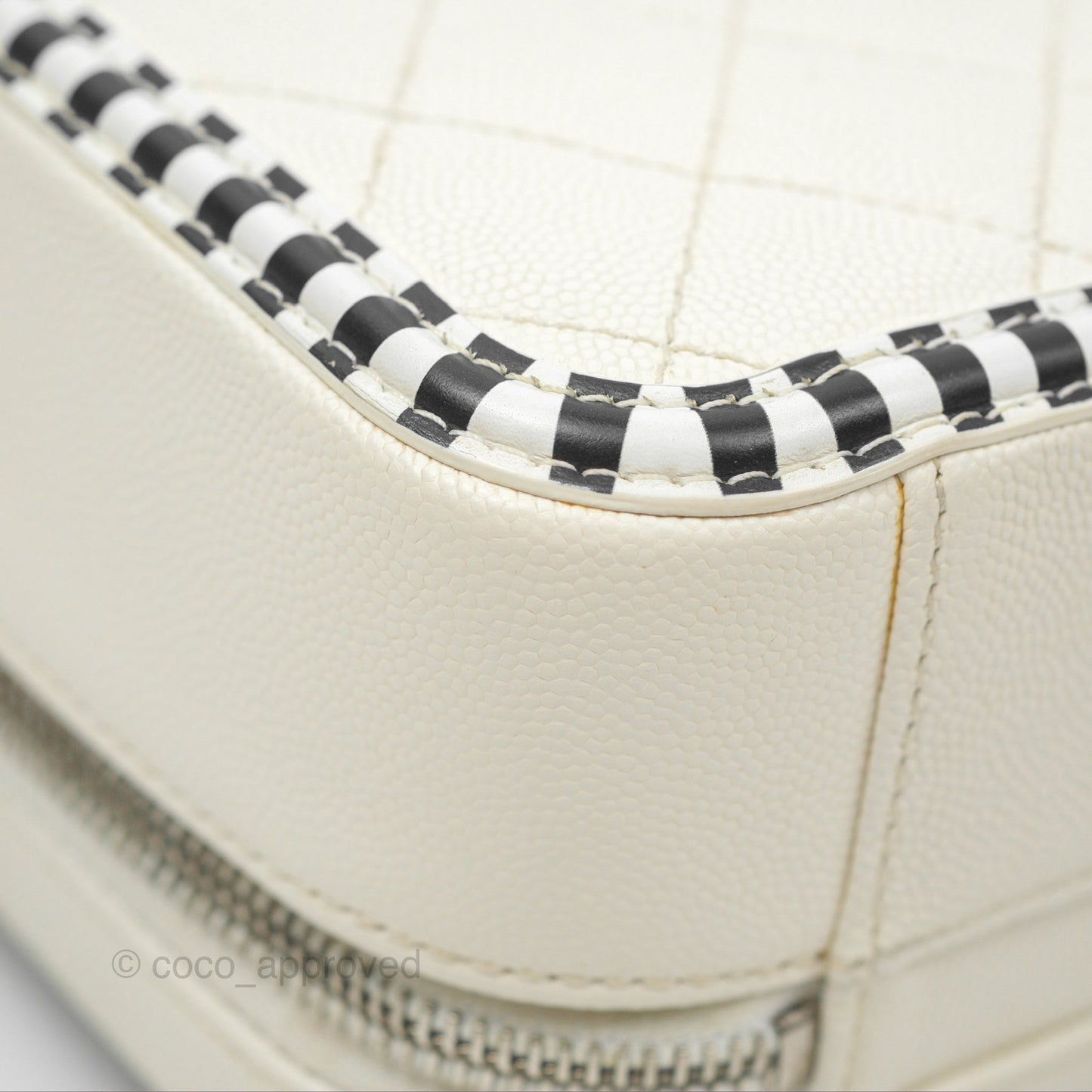 Chanel Quilted Medium CC Filigree Vanity Case White Black Stripe Caviar Silver Hardware