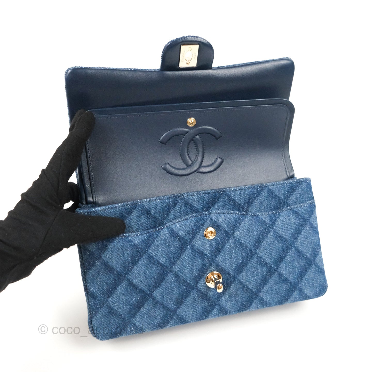 Chanel M/L Quilted Medium Double Flap Dark Blue Printed Denim 22B