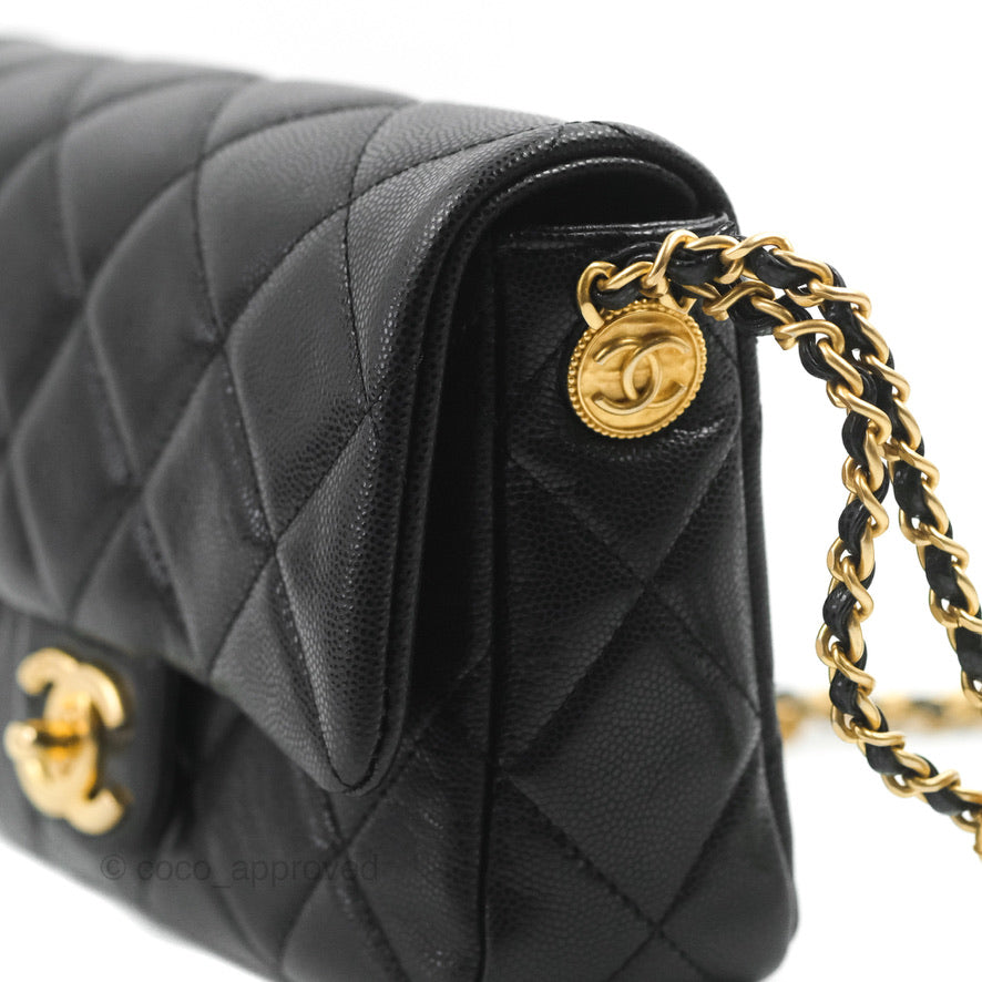 Chanel Small Flap with Coin Charm Black Caviar Aged Gold Hardware 22A