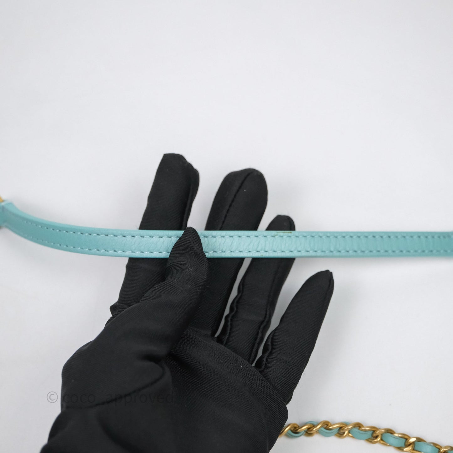Chanel Camera Bag Quilted Pearly Turquoise Lambskin Aged Gold Hardware