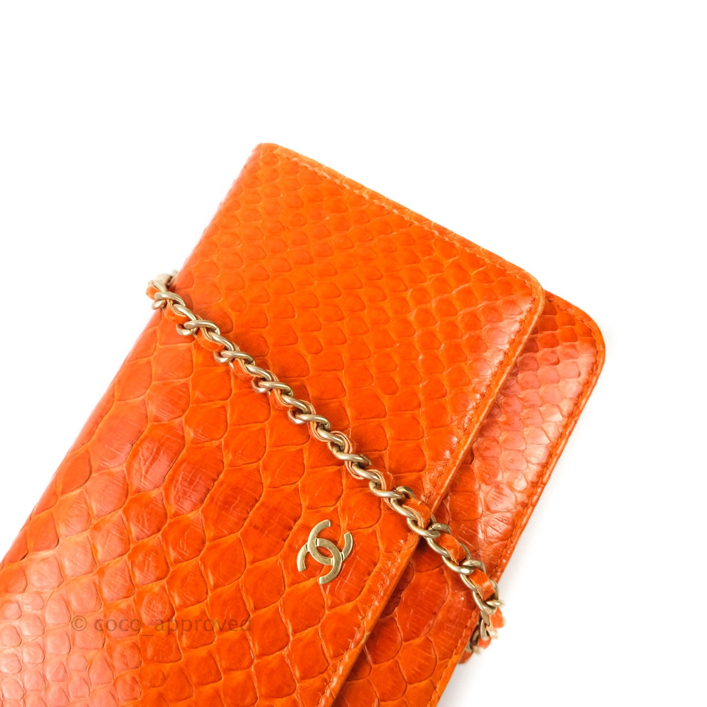Chanel Wallet on Chain WOC Orange Python Aged Gold Hardware