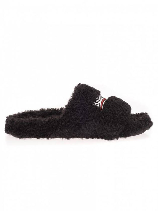 Luxury Balenciaga Furry Logo Slippers Black