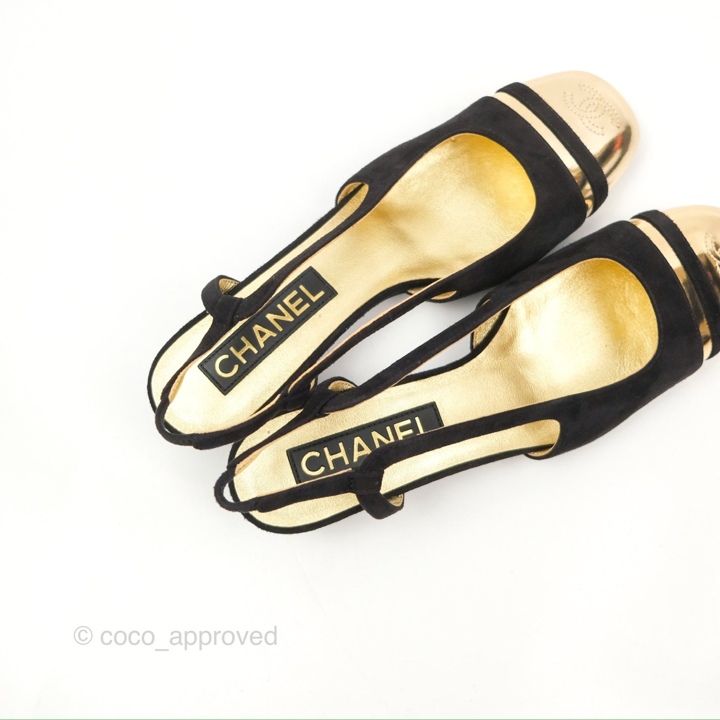 Chanel CC Slingback Heels Black Gold Size 37