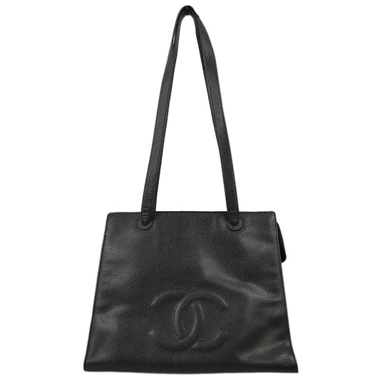 Luxury Chanel 1997-1999 Black Caviar Skin Zipper Top Tote 35
