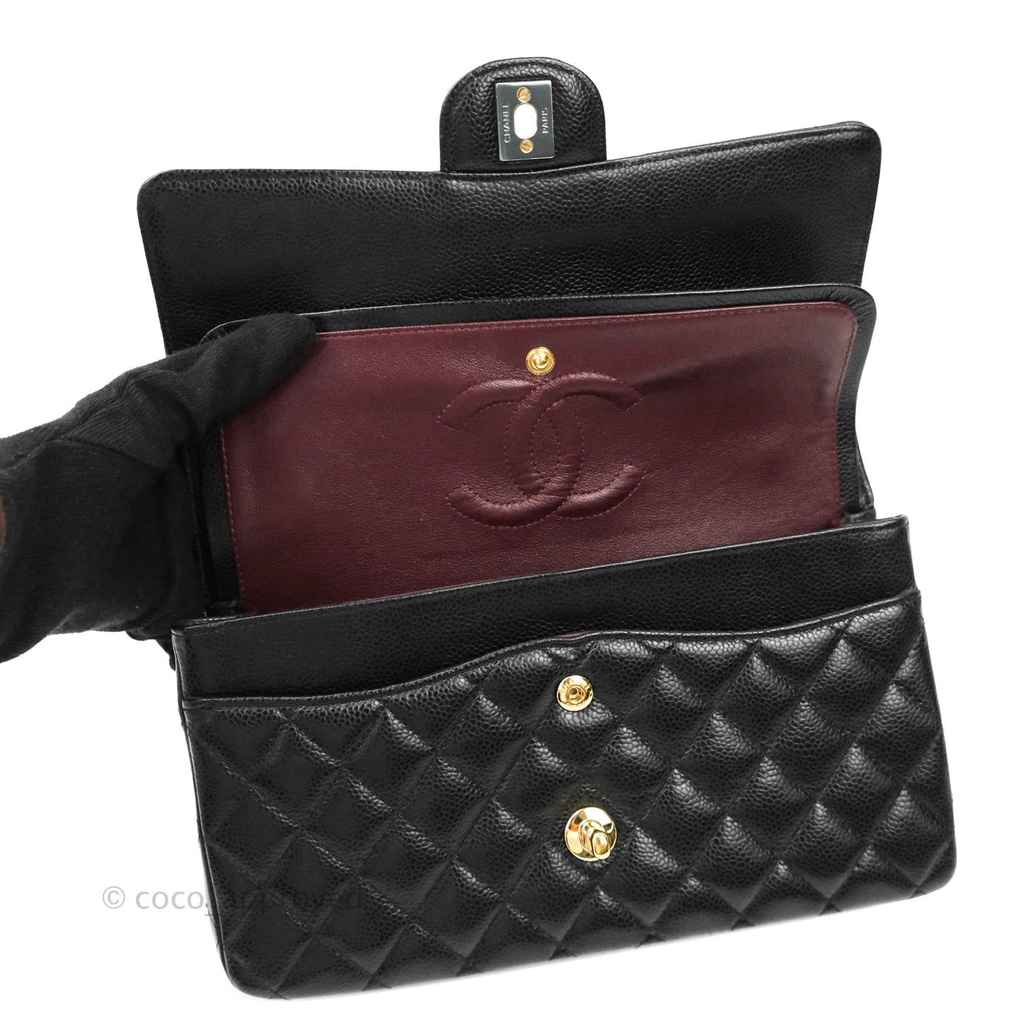 Chanel Quilted M/L Medium Double Flap Black Caviar Gold Hardware