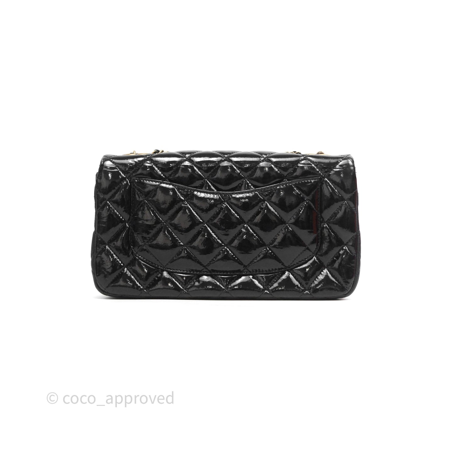 Chanel Quilted Medium Eyelet Flap Bag Black Patent Aged Gold Hardware