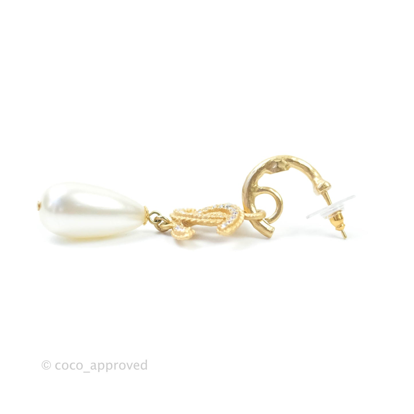 Chanel CC Crystal Pearl Drop Crystal Earrings Matte Gold Tone 20P