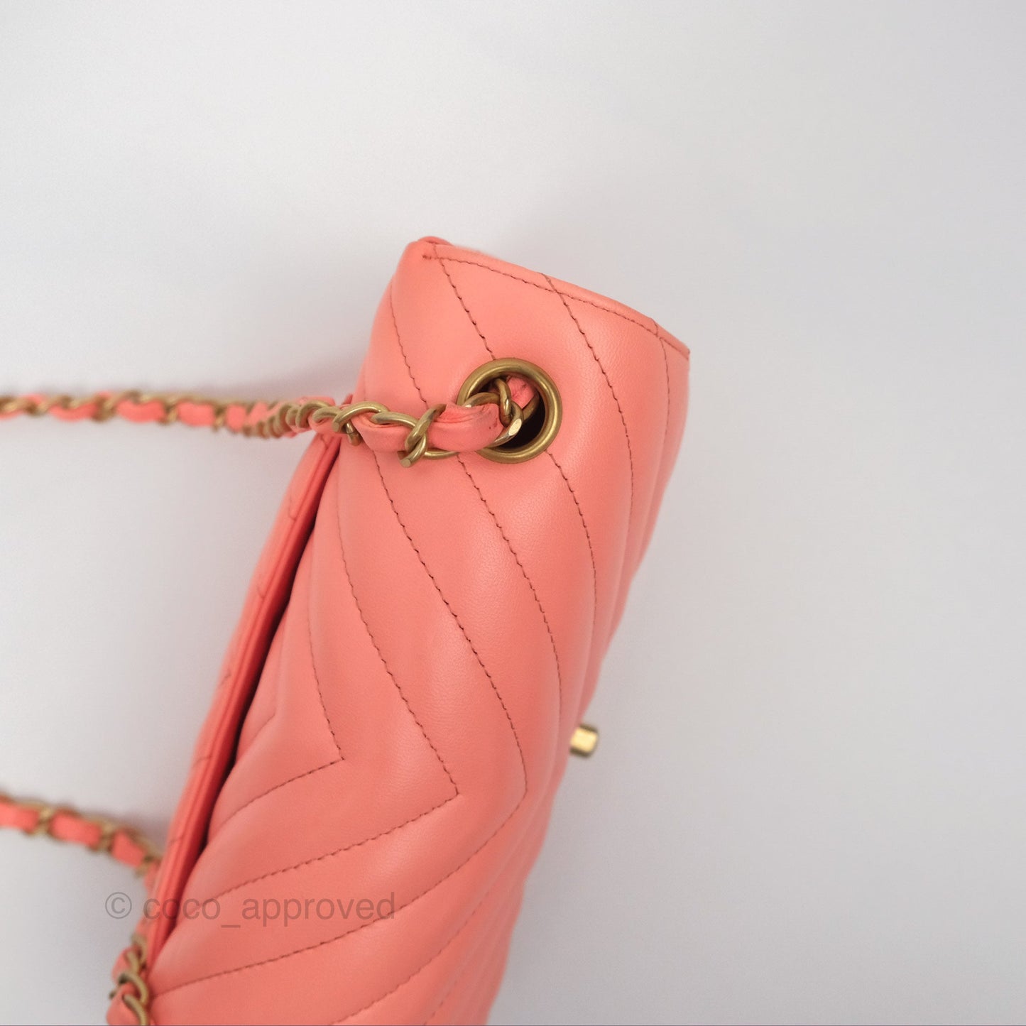 Chanel Chevron Mini Rectangular Flap Peach Pink Lambskin Aged Gold Hardware