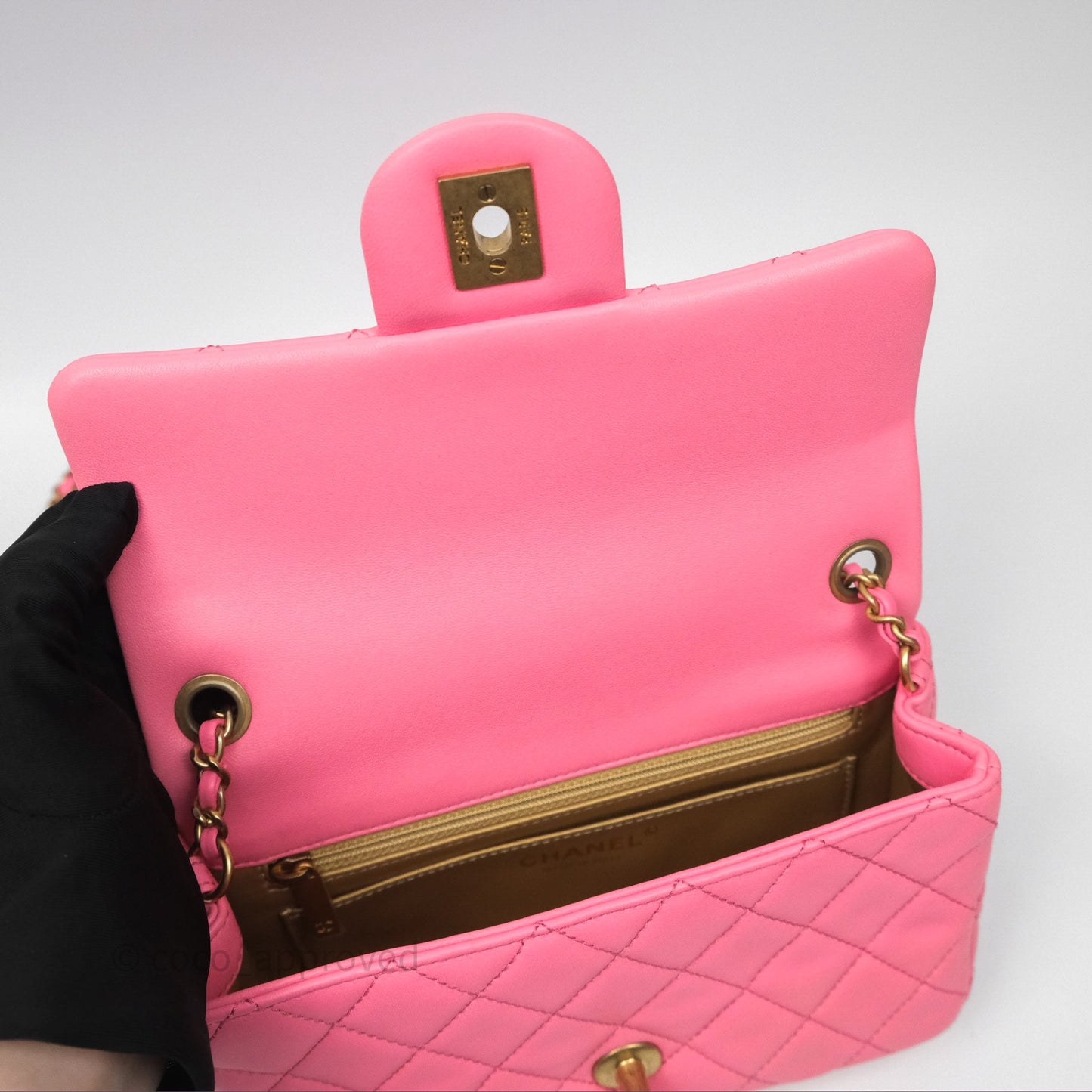 Chanel Mini Rectangular Pearl Crush Quilted Pink Lambskin Aged Gold Hardware