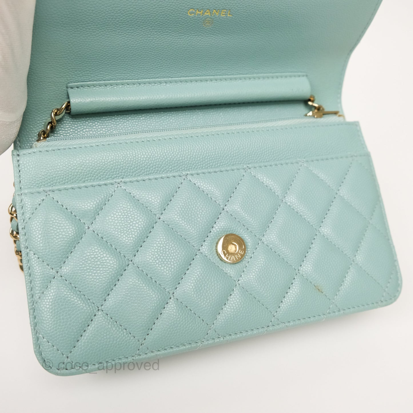 Chanel Quilted Classic Wallet On Chain WOC Tiffany Blue Caviar Gold Hardware