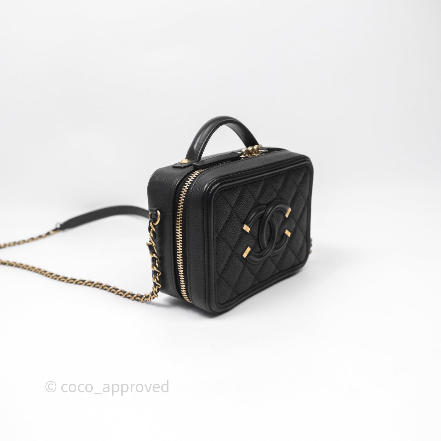Chanel Quilted Small CC Filigree Vanity Case Black Caviar Aged Gold Hardware