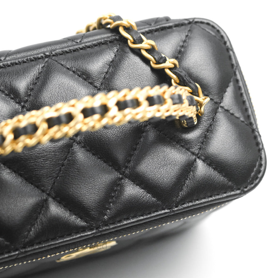 Chanel Vanity Rectangular with Top Handle Black Lambskin Aged Gold Hardware