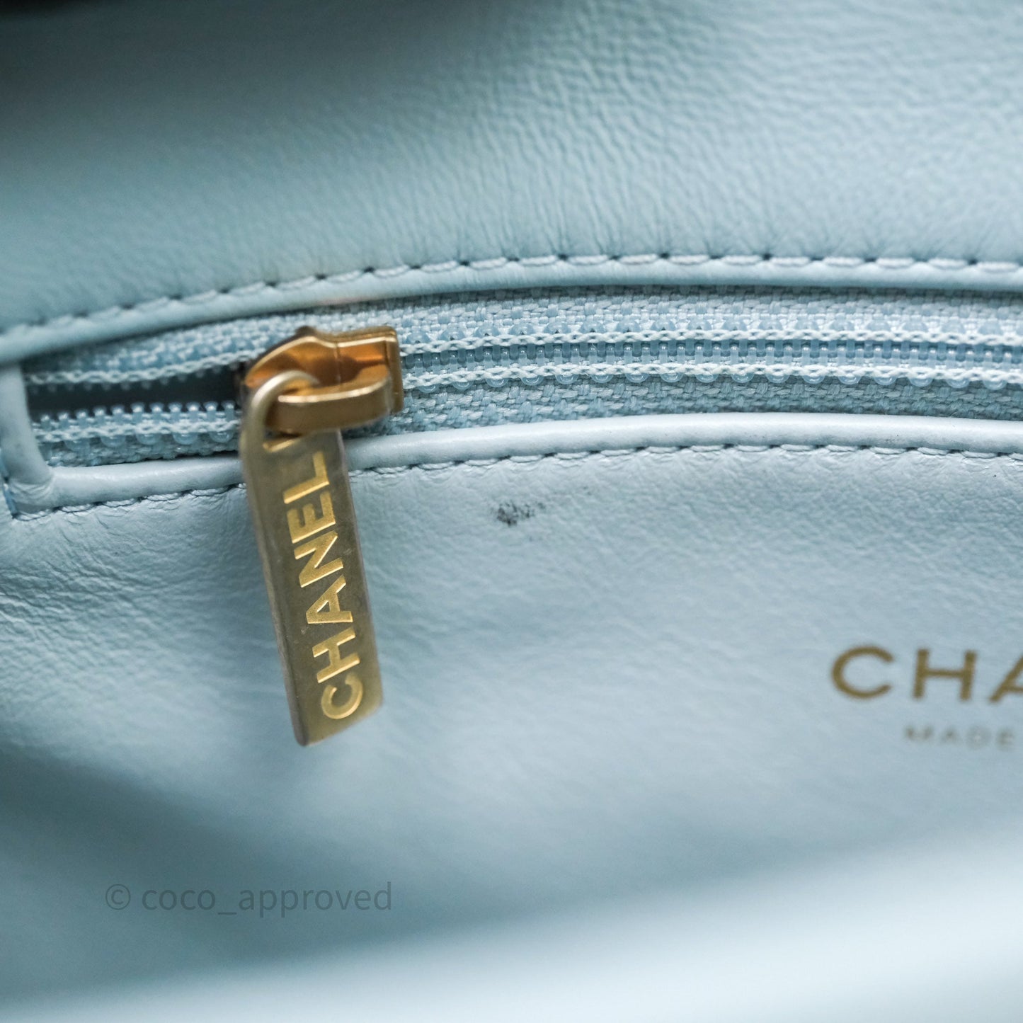 Chanel Quilted Enamel Pending CC Small Square Flap Baby Blue Lambskin